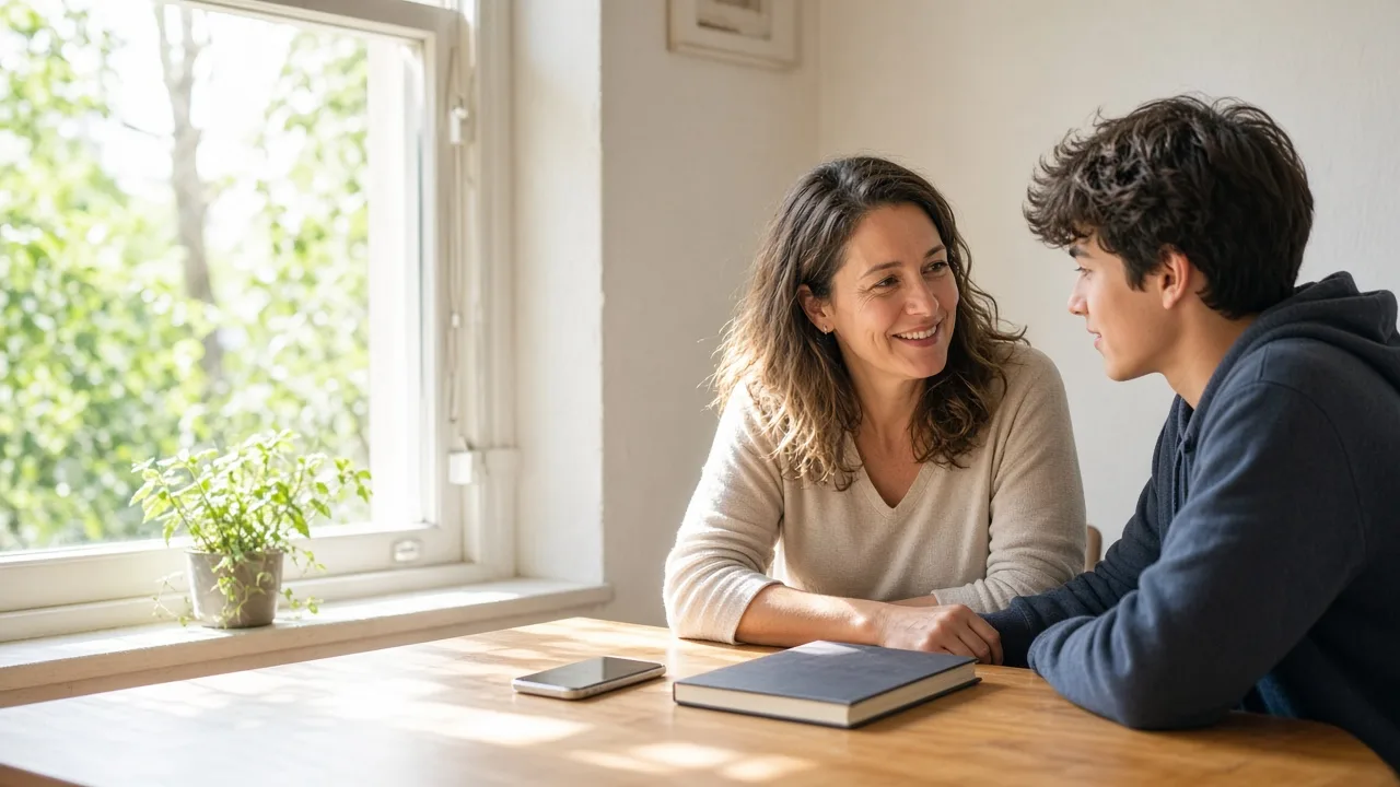 A teacher and a student talk at a sunlit desk with a closed notebook.