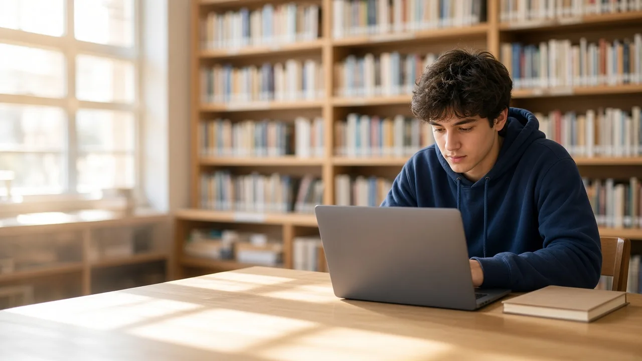 A student studies at a sunny library table with a laptop facing away.