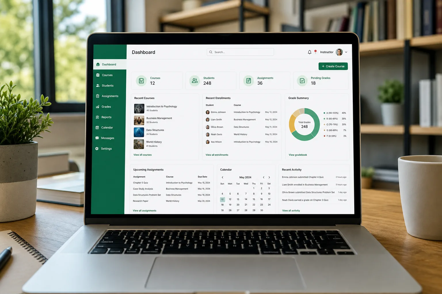 Learning management system with course creation, enrollment, assessments, and reporting