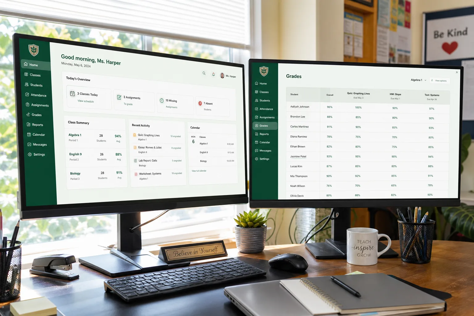 Student and teacher portal with course management, assignments, grades, and academic reporting