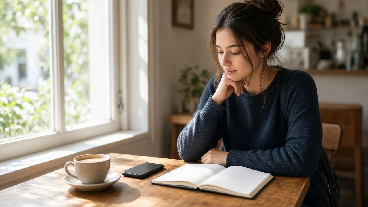 A student sits at a sunny cafe table with a blank notebook and a phone face down.