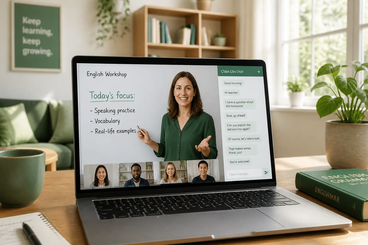Virtual classroom app with live video sessions, whiteboards, chat, and attendance tracking