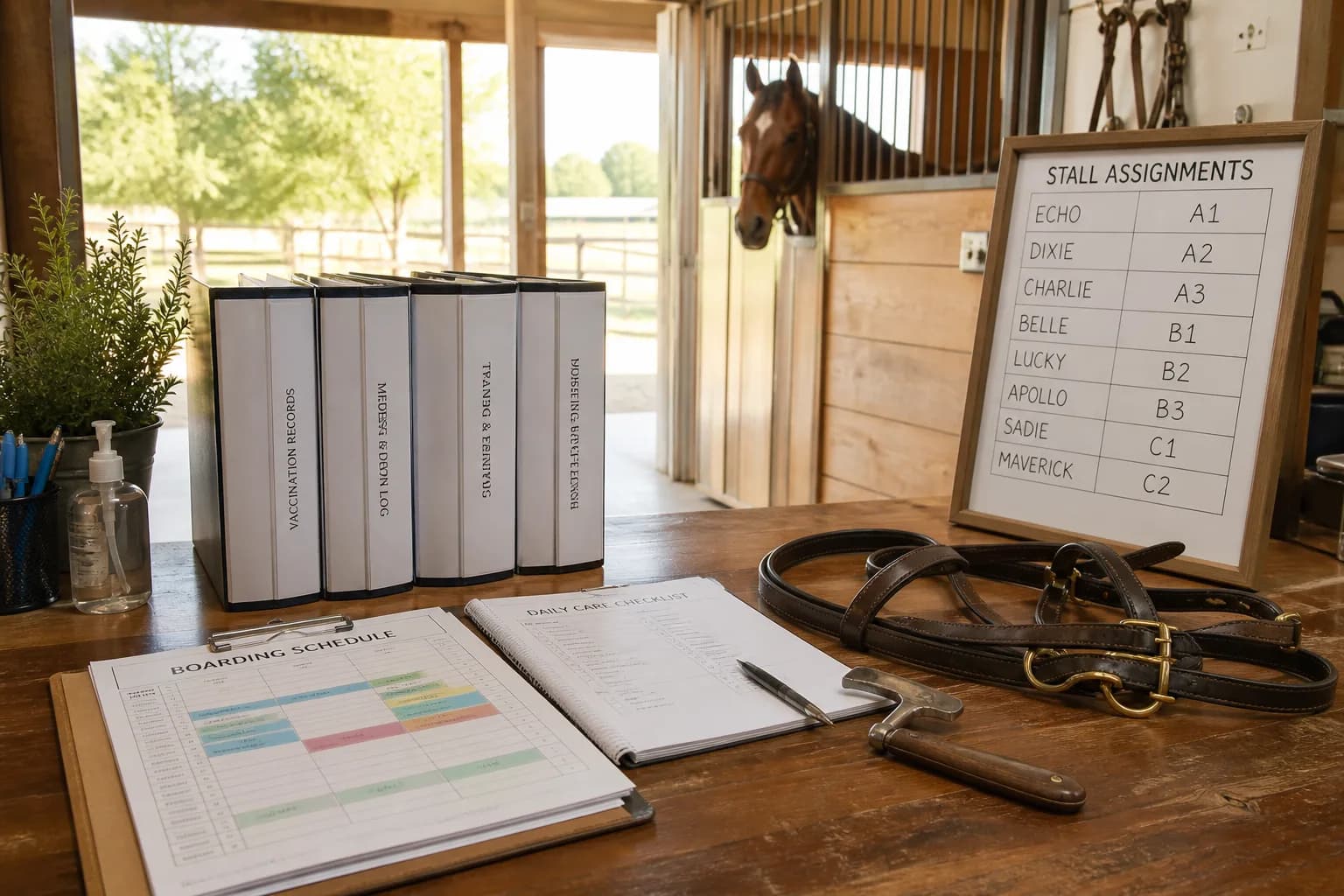 Bright USA equine operations desk with horse records, boarding schedules, and stable management materials