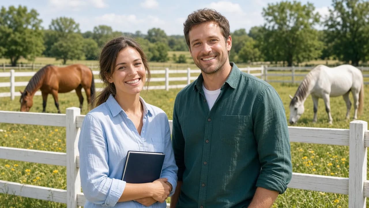 Two people stand by a sunny paddock fence holding a closed notebook while horses graze.