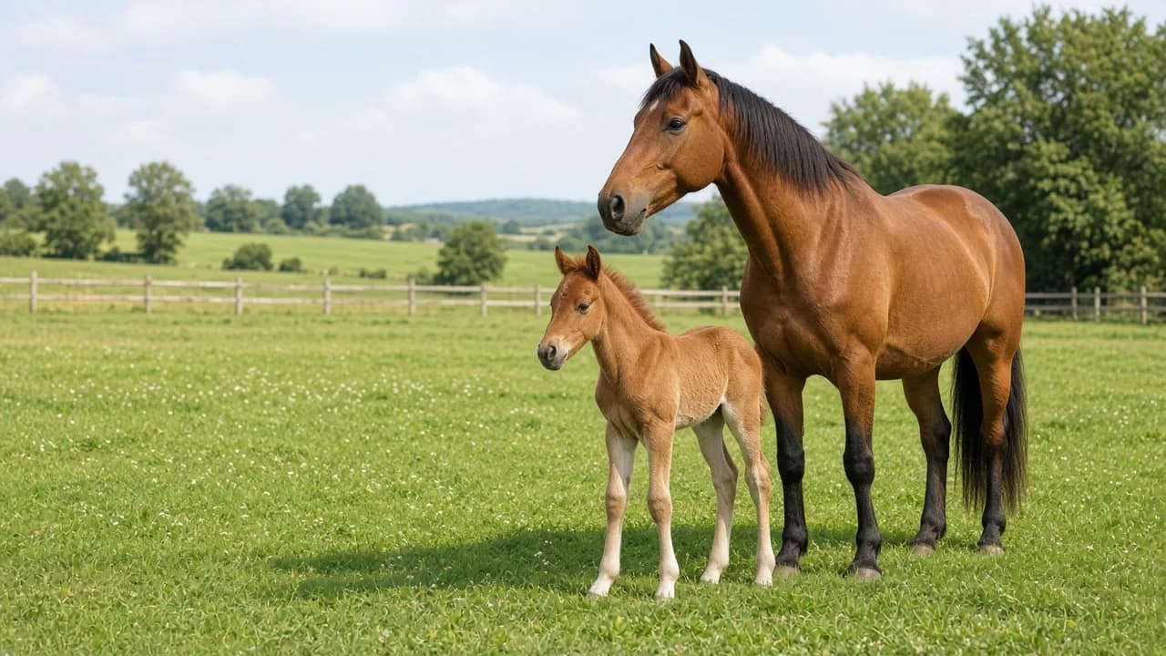A mare and foal stand together in a sunny green paddock.
