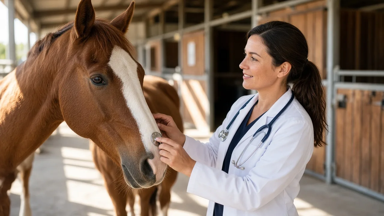 A veterinarian examines a horse in a sunny barn.