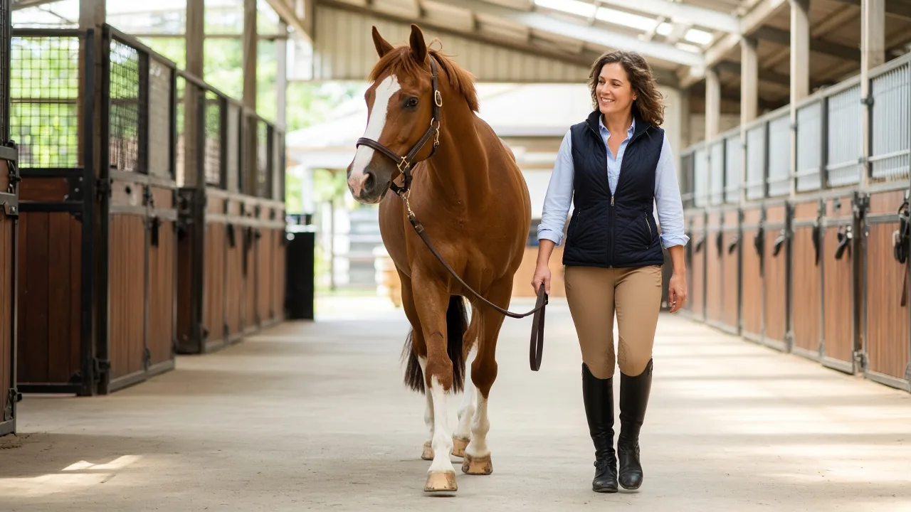 A stable manager walks a horse down a sunny barn aisle.