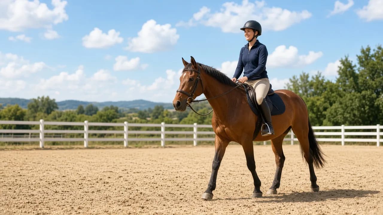 A rider sits on a horse in a sunny outdoor arena.