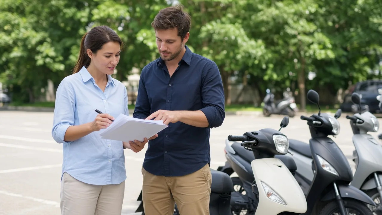 Two colleagues plan with blank papers beside parked plain scooters.