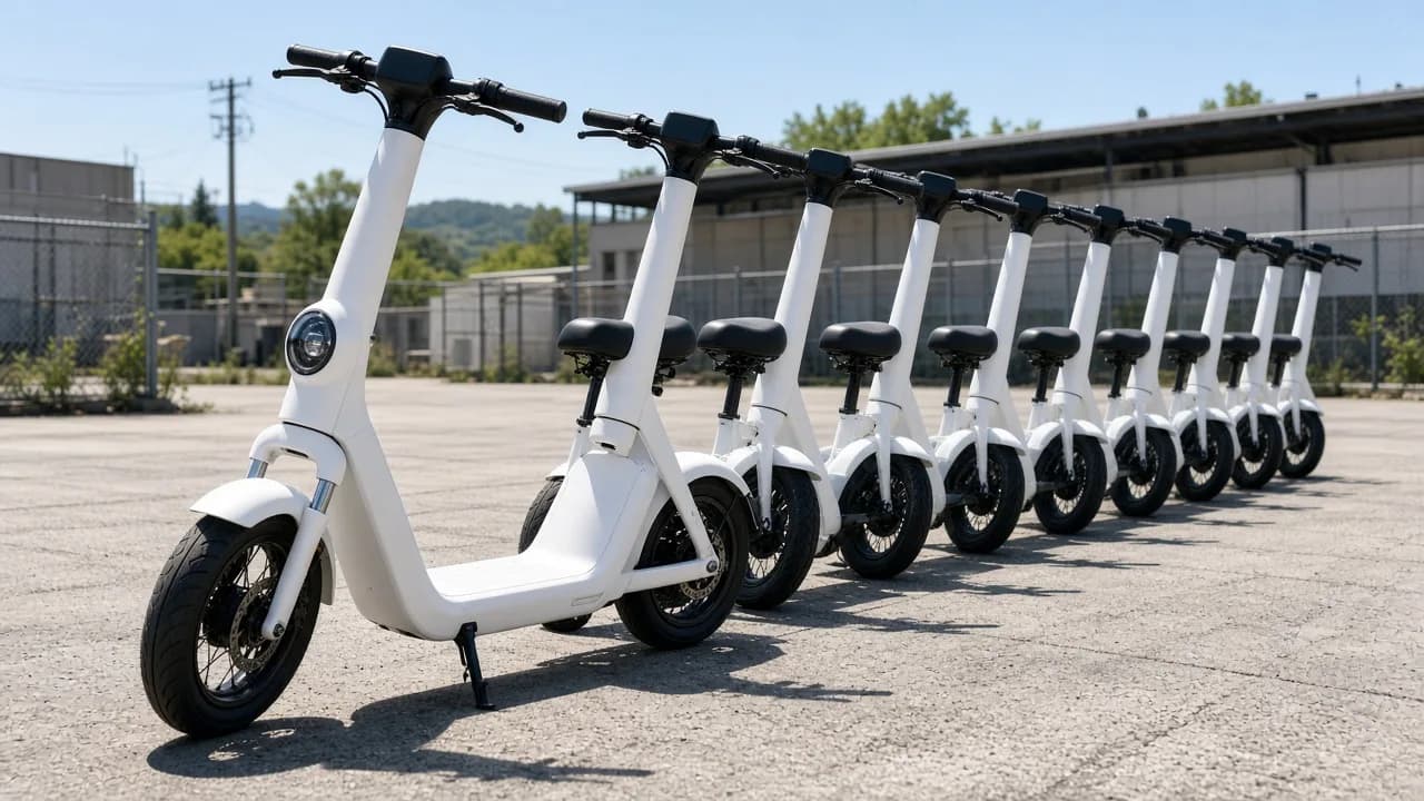 A row of plain white electric scooters sits in a sunny depot lot.