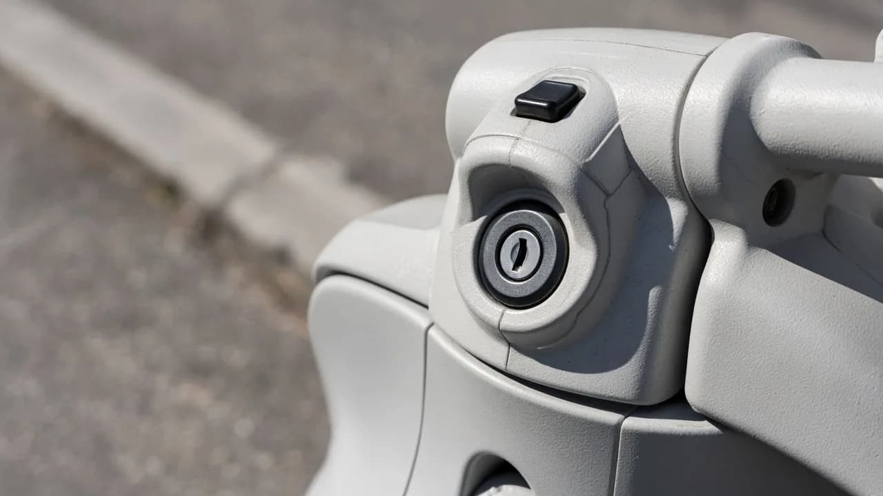 A plain scooter lock and handlebar are shown close up in sunlight.