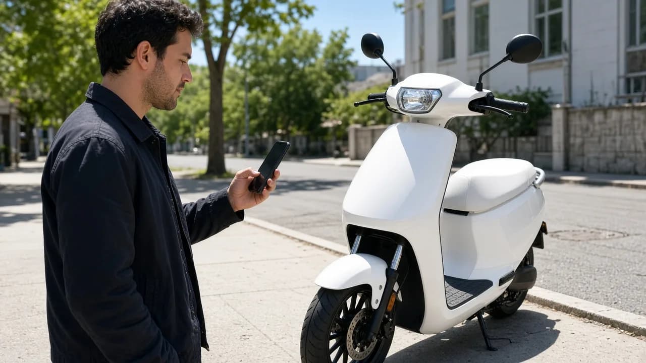 A person holds a phone with the screen turned away beside a plain white scooter.
