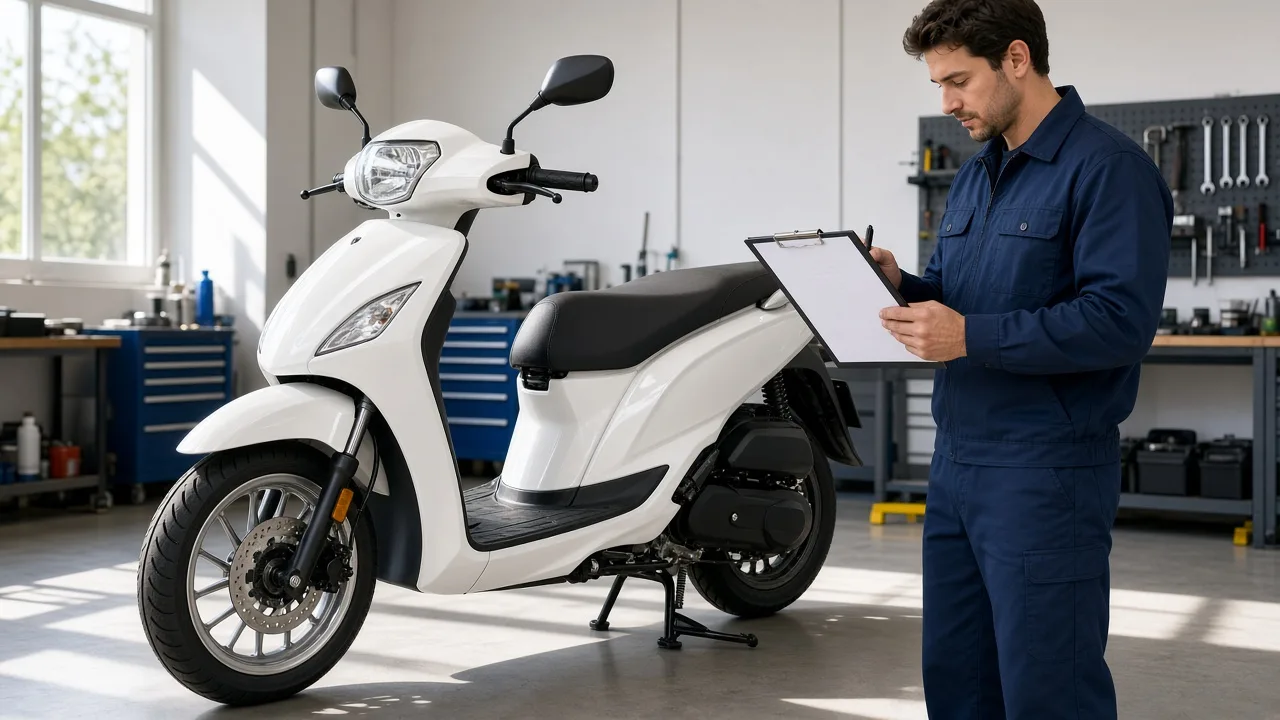 A technician inspects a plain white scooter with a blank checklist in a sunny workshop.