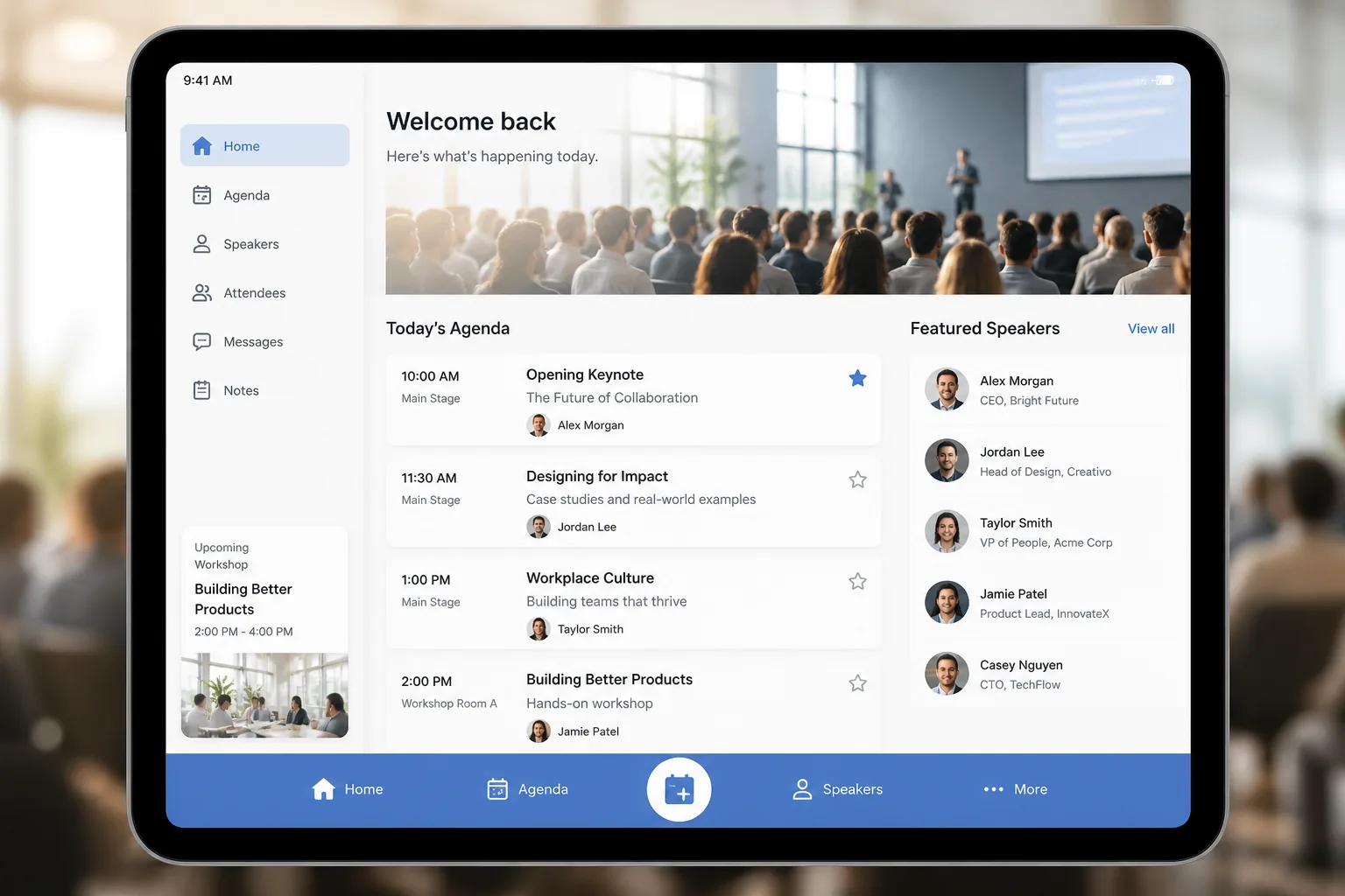 Conference and business event app with speakers, agendas, and attendee engagement