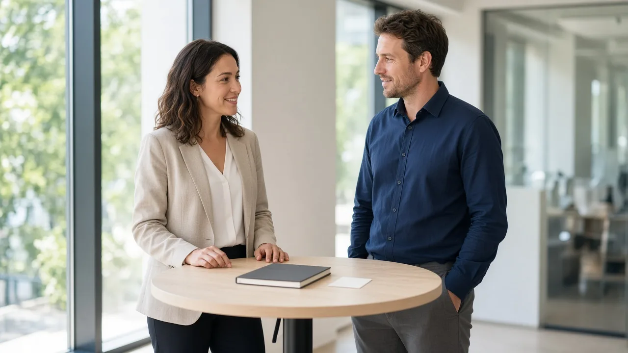Two colleagues stand by a bright window with a closed notebook and a plain card.
