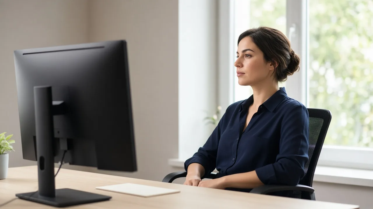 A coordinator at a bright desk looks toward a window, with a monitor facing away.