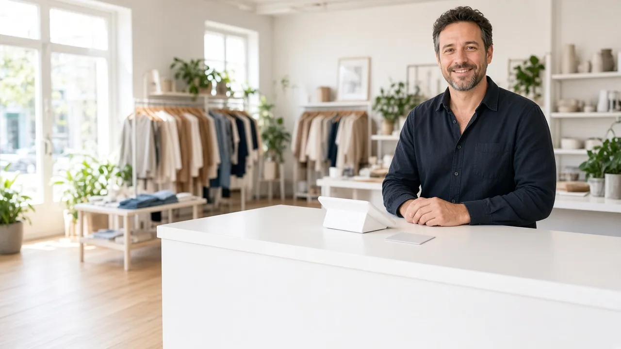 A shop owner stands behind a bright checkout counter with a white payment terminal.
