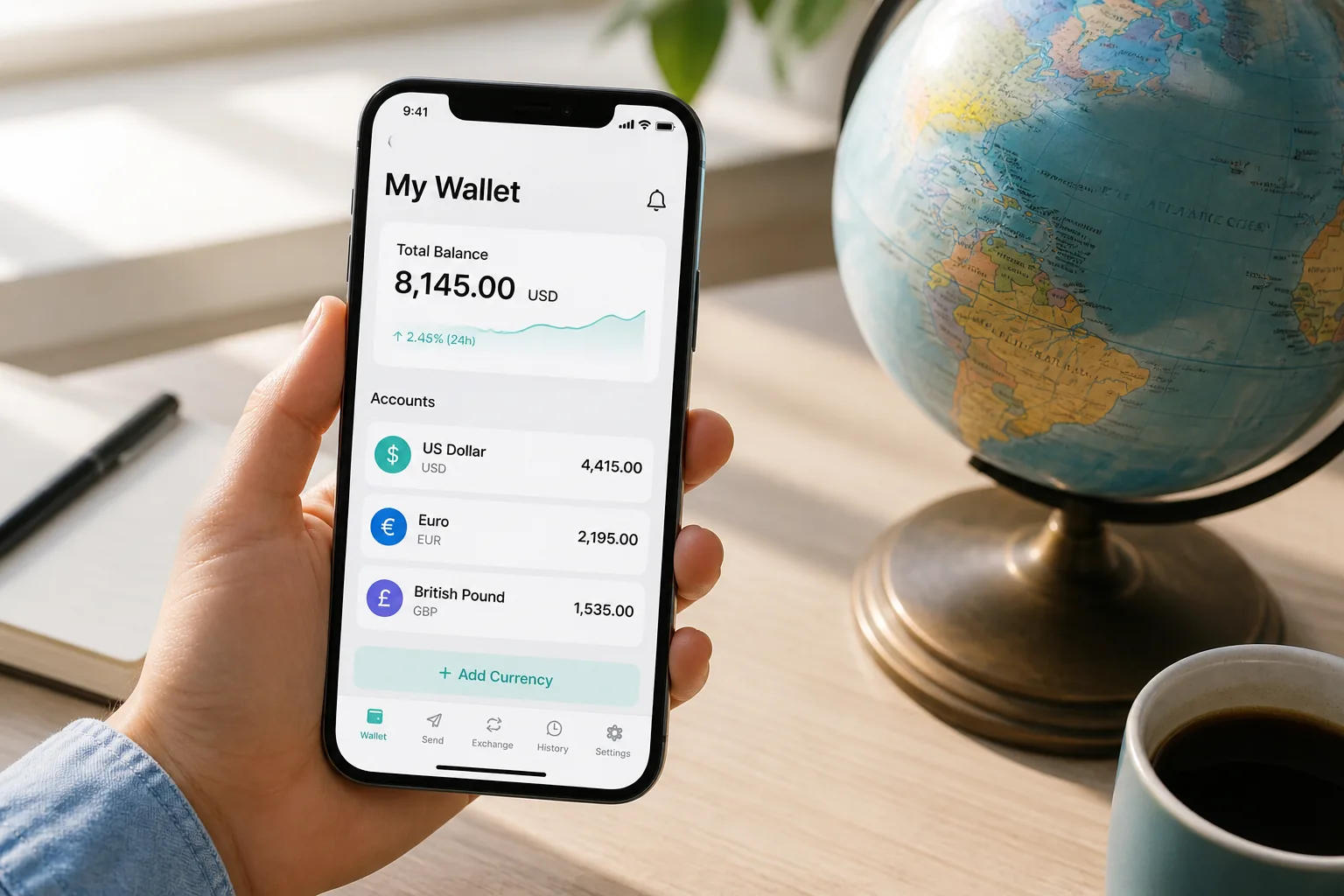 Multi currency digital wallet with international transfers and currency conversion