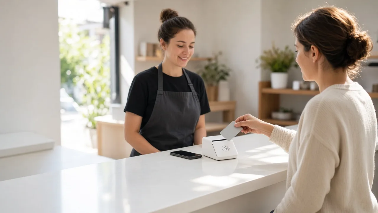 A customer taps a plain card on a white terminal at a sunny retail counter.
