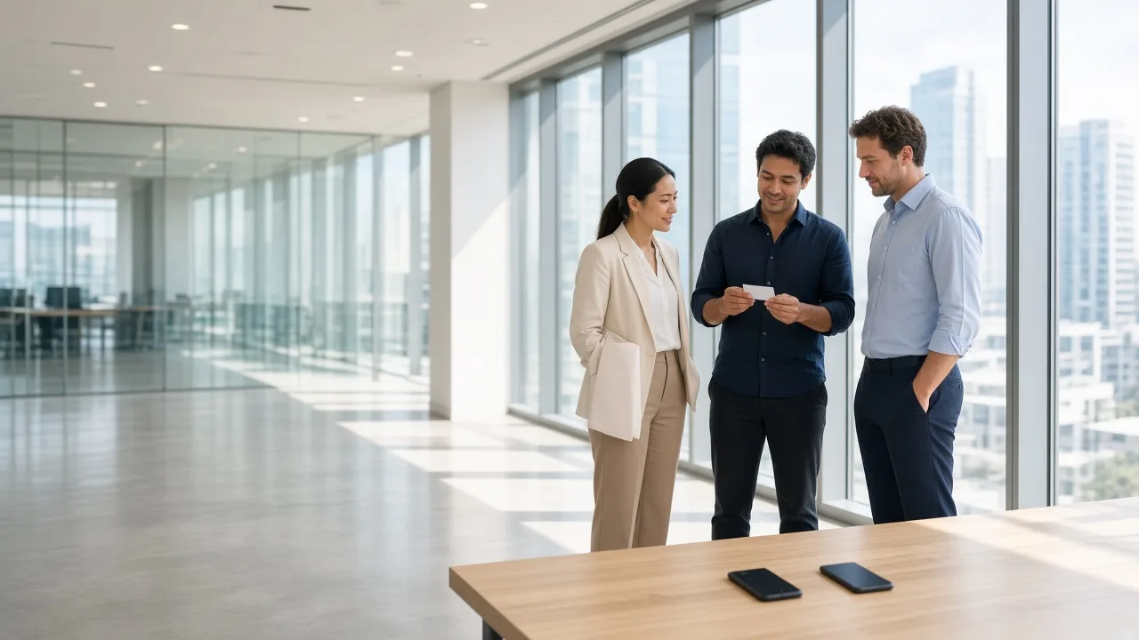 Three colleagues stand in a bright glass office, one holding a plain card.