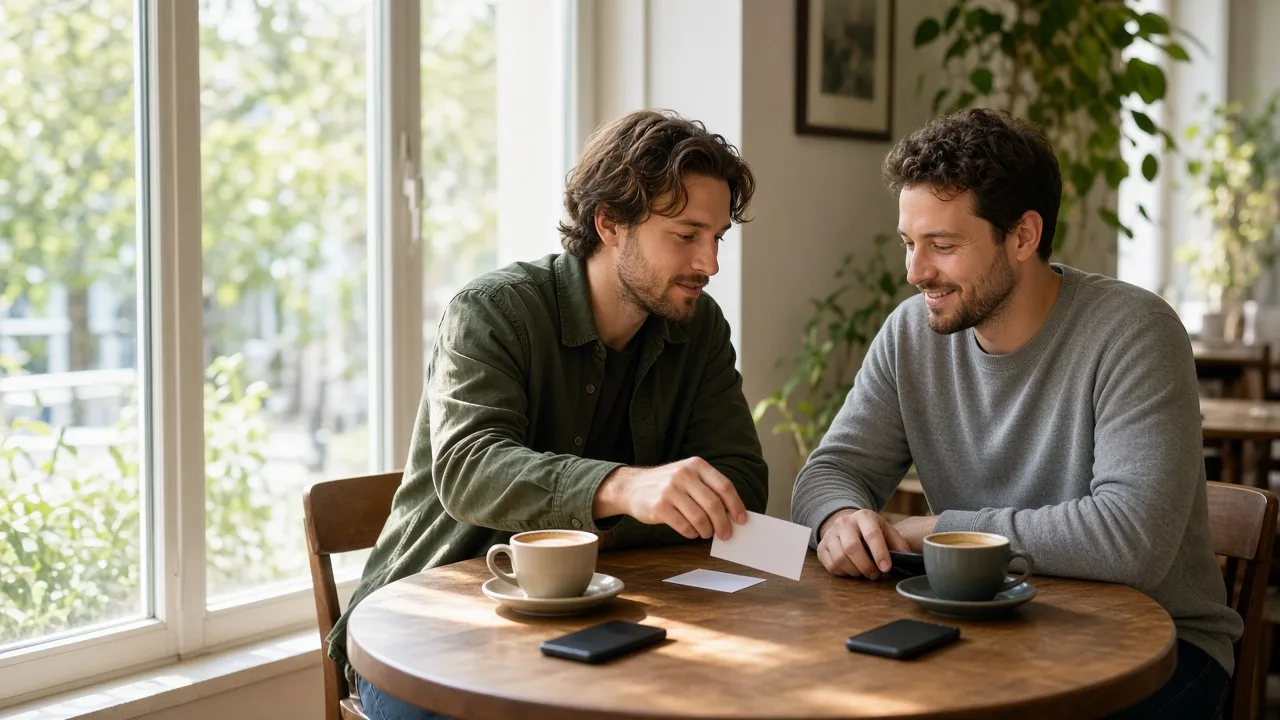 Two friends at a sunny cafe table, one sliding a plain card across the table.