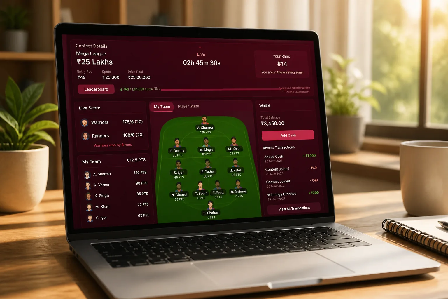 Laptop showing a fantasy sports platform dashboard with live scoring, contests, and wallet management