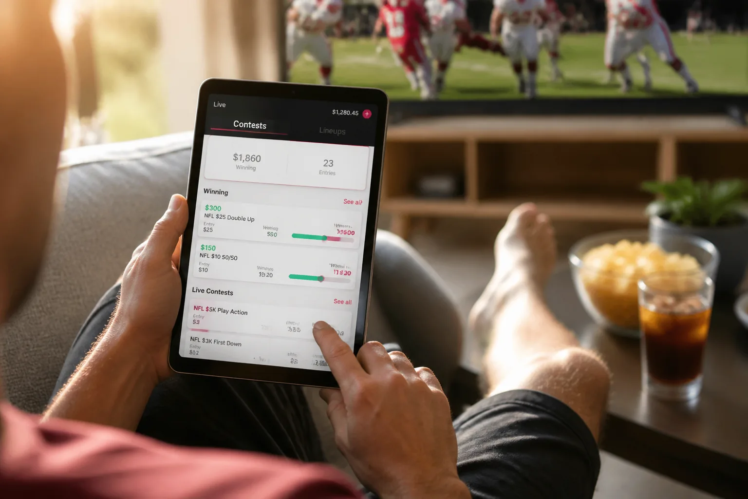 Daily fantasy sports platform with team creation, contests, live scoring, and rewards