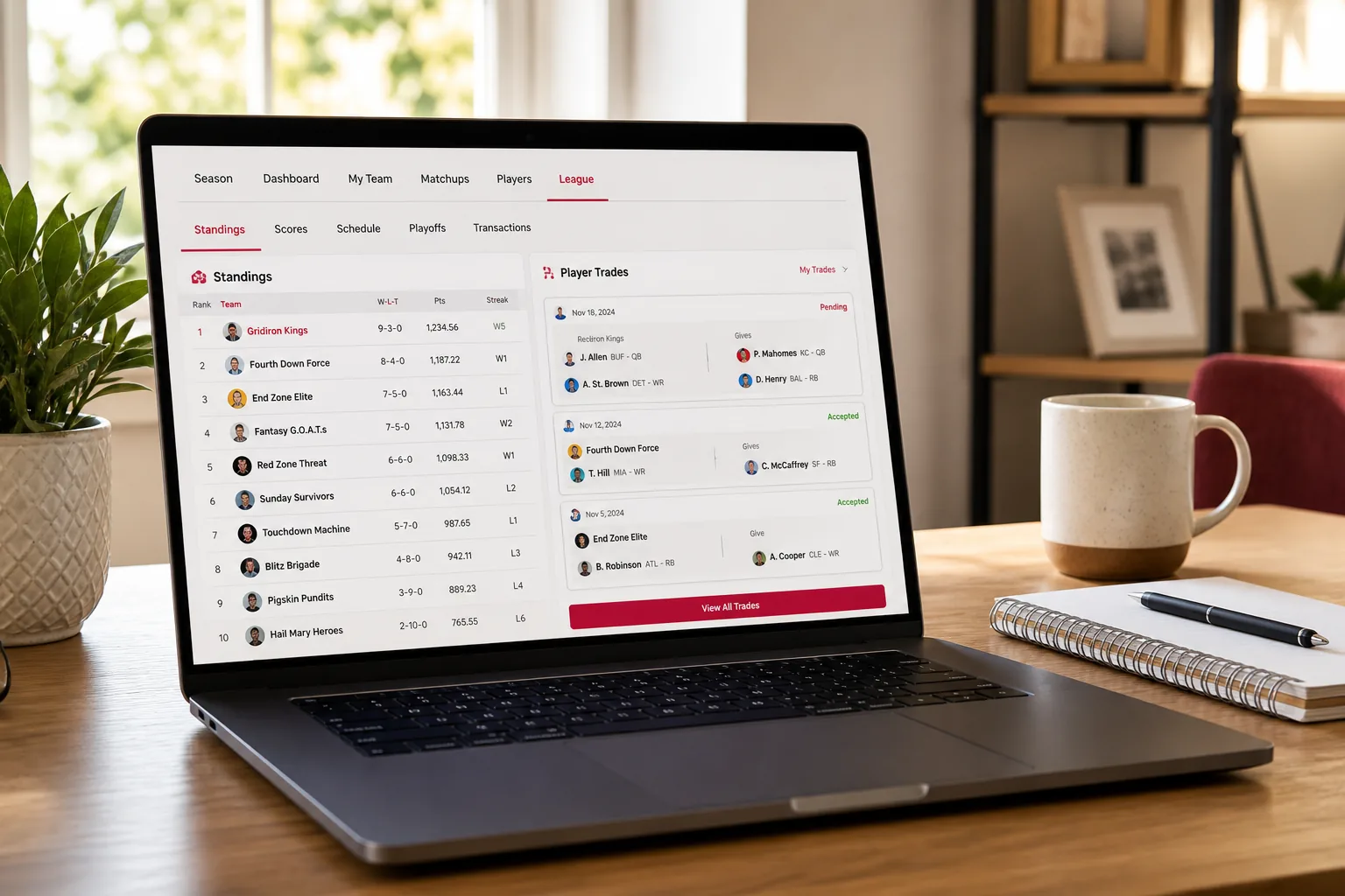 Season long fantasy sports platform with private leagues, transfers, and live standings