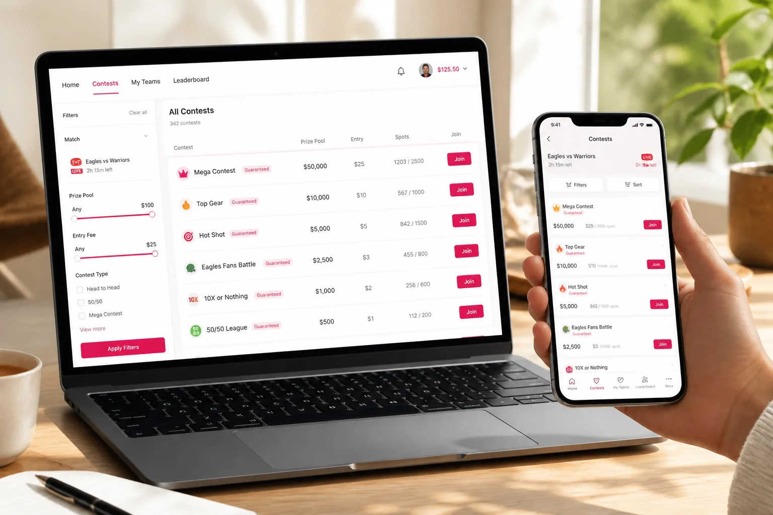 Synchronized fantasy sports website and mobile app with contests and payments