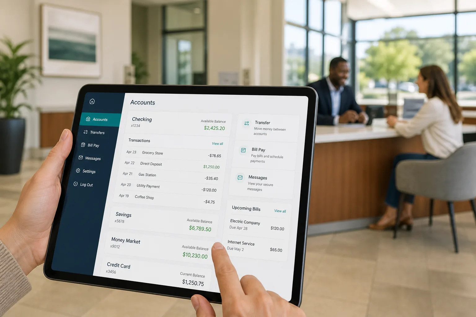 Digital banking app with account management, fund transfers, and bill payments