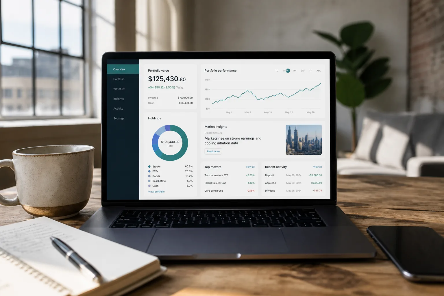 Investment and wealth management app with portfolio tracking and market insights
