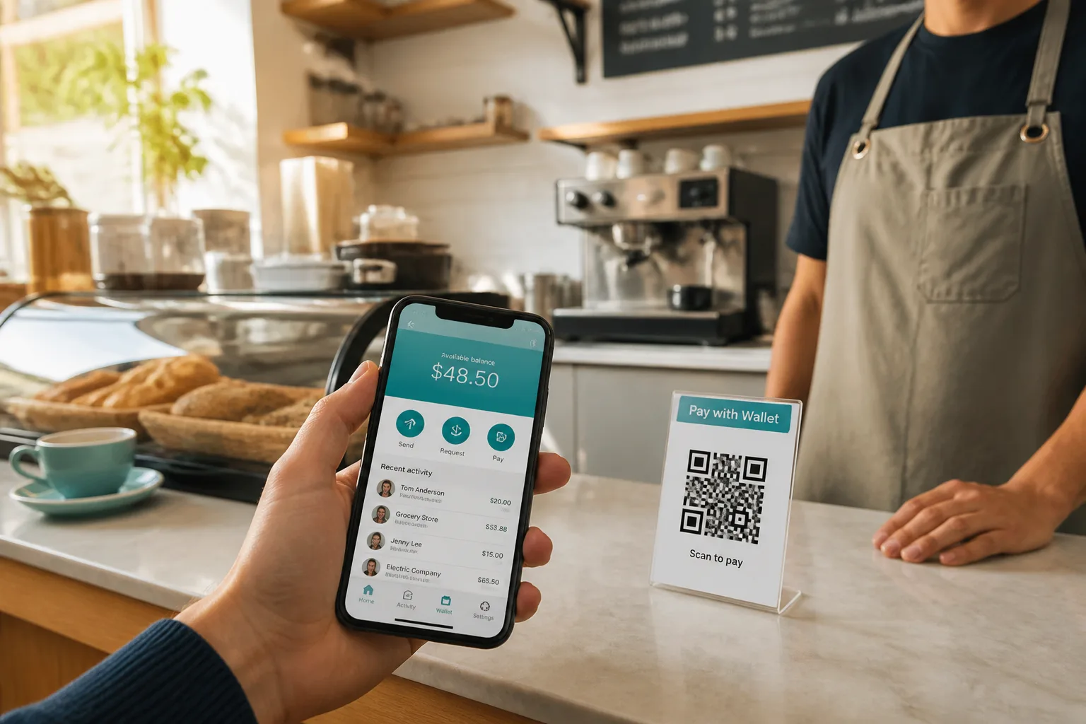 Payment app with digital wallets, peer to peer transfers, and merchant payments