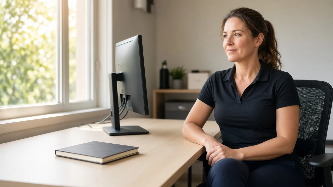 A gym coordinator works at a bright desk with a monitor facing away.