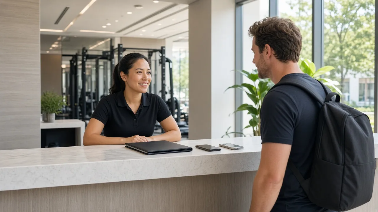 A staff member greets a member at a bright gym front desk.