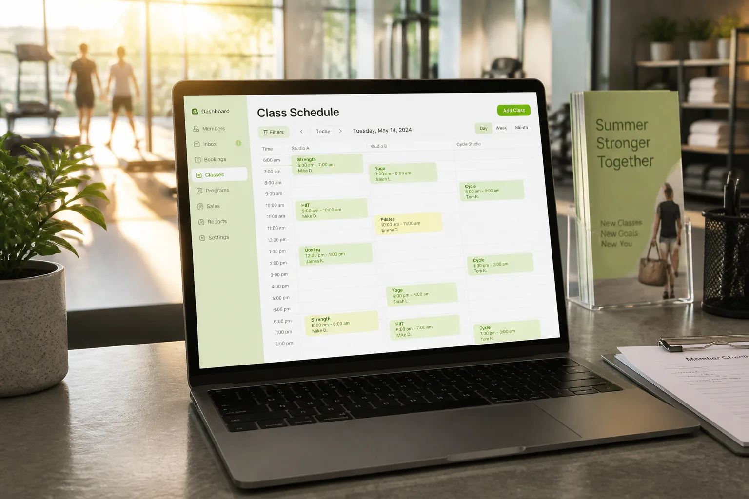 Gym management app with memberships, class scheduling, trainer assignments, and billing