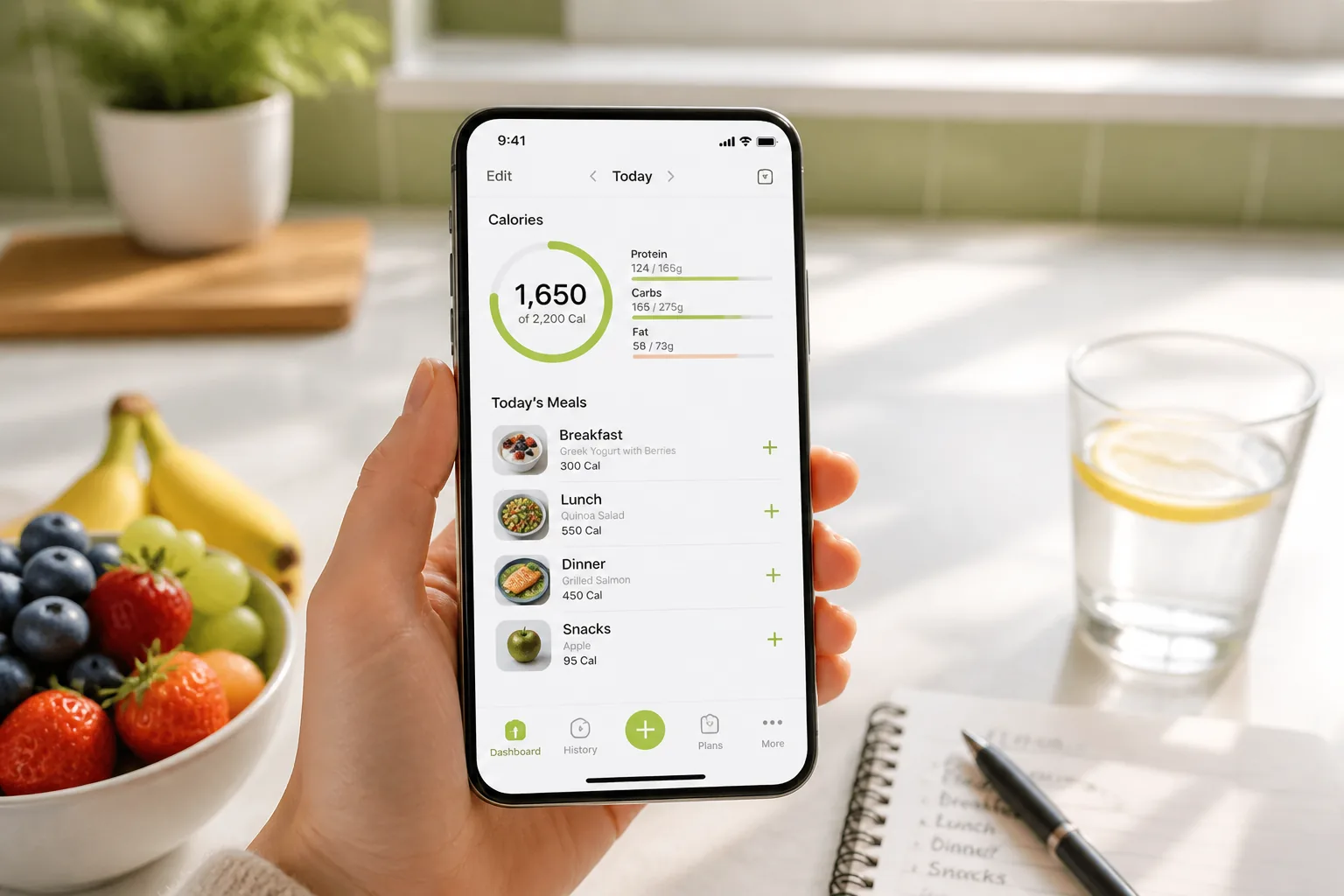 Nutrition and diet app with meal planning, calorie tracking, hydration monitoring, and recipe recommendations