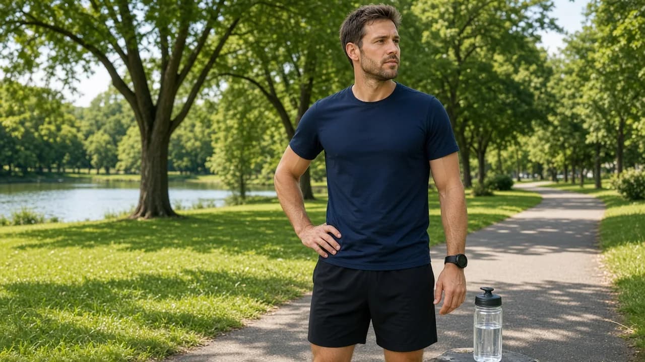 A runner pauses on a sunny park path with a water bottle.