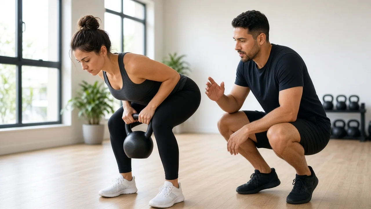 A trainer coaches a client through a kettlebell exercise in a bright studio.