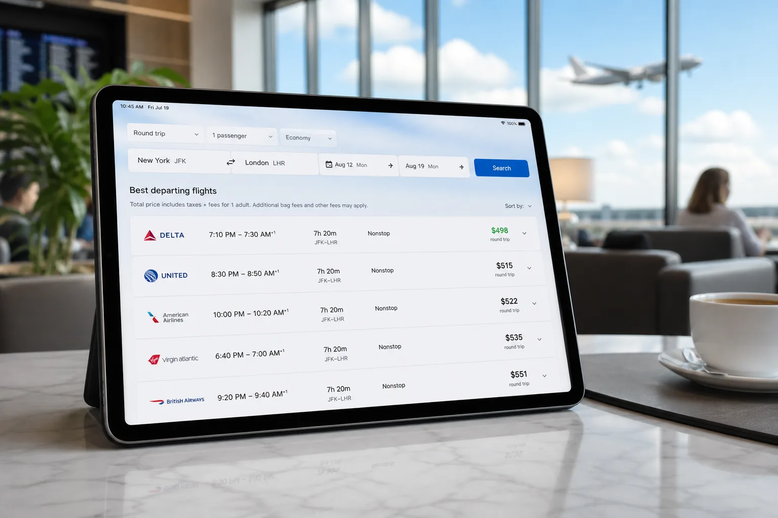 Online travel marketplace with flight listings, fare comparison, and reservation processing