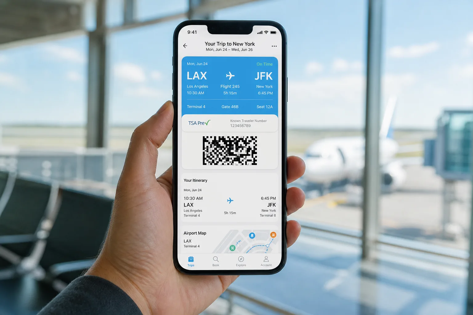 Travel mobile app with flight search, boarding passes, and itinerary tracking