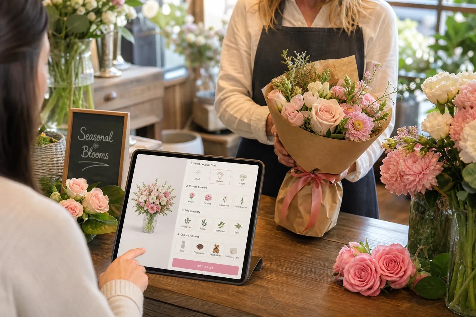 Florist store app with online ordering, bouquet customization, and inventory tools