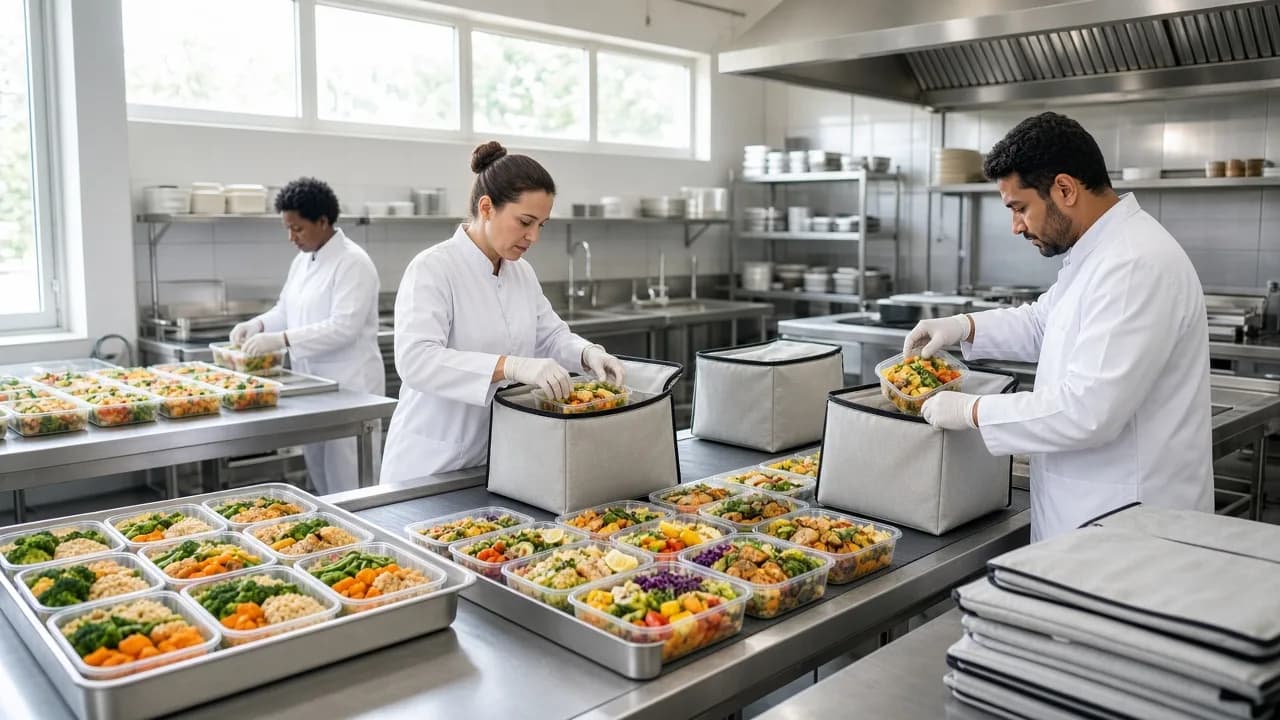 Kitchen team packing colorful meals into delivery bags along a bright preparation line.