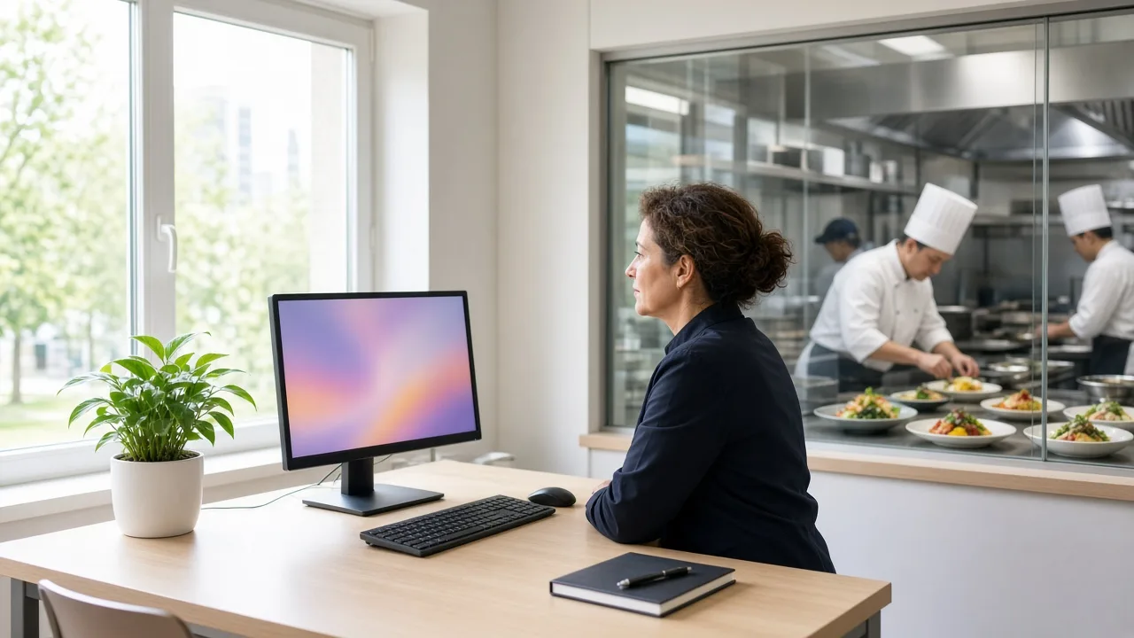 A kitchen manager at a bright desk watching chefs plate meals through a glass window.