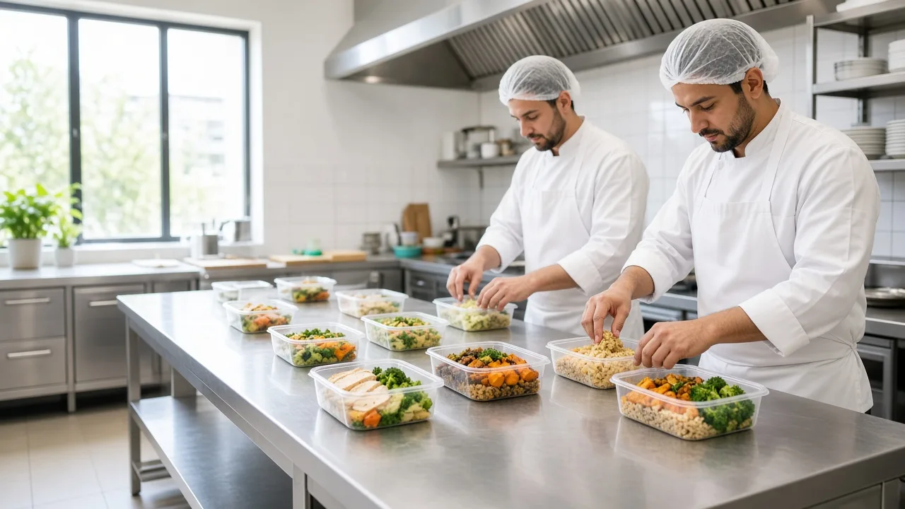 Chefs packing different meals into plain containers in a bright cloud kitchen.