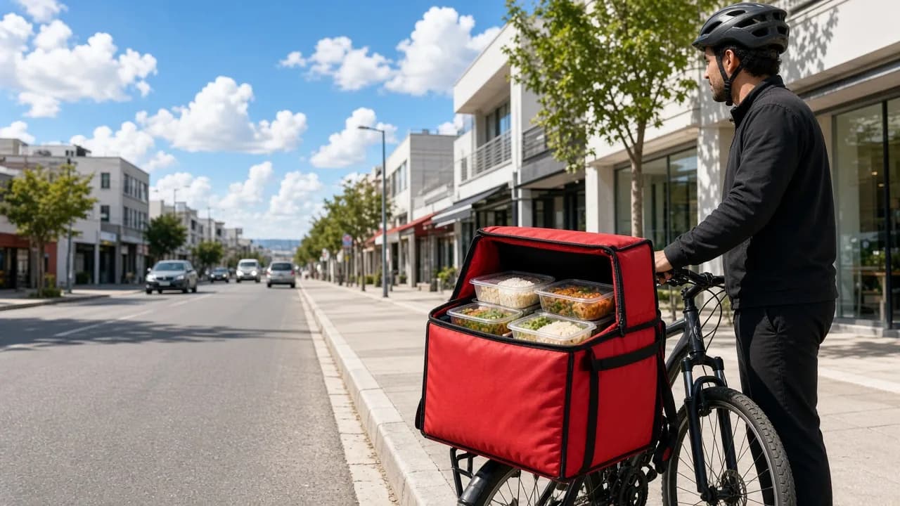 A courier with a bicycle and an open red insulated bag of prepared meals on a city street.