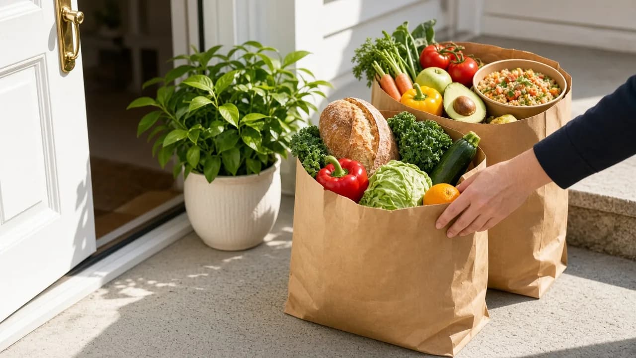 Grocery bags filled with vegetables, bread, and a prepared meal on a sunny doorstep.
