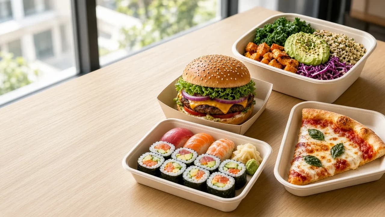 Sushi, a burger, a grain bowl, and pizza arranged together on a sunlit table.
