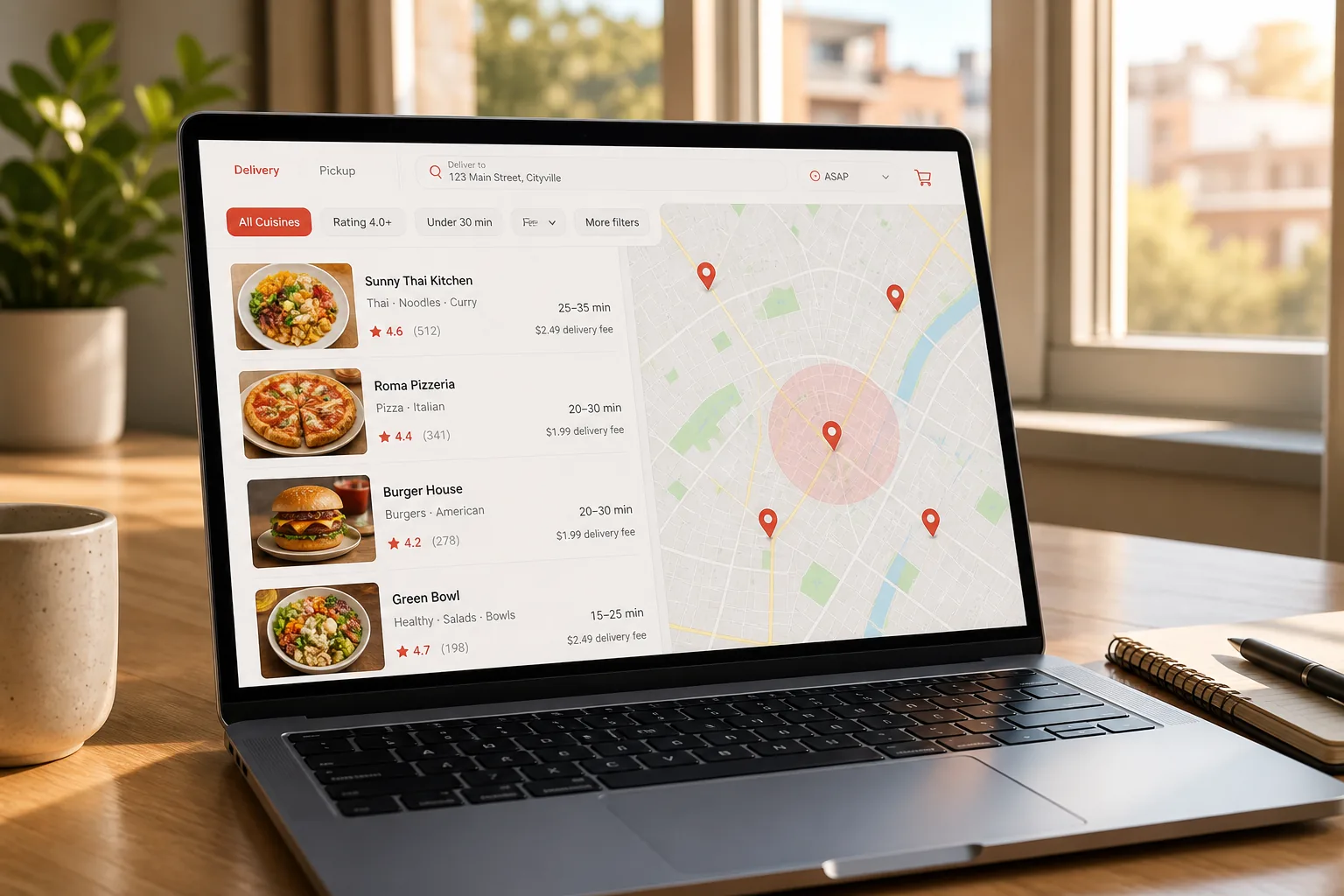 Food delivery marketplace connecting customers with multiple restaurants, orders, and delivery tracking