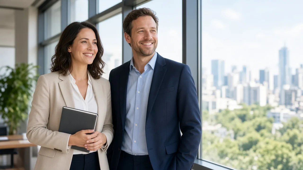 Two professionals stand by a large sunny office window holding a closed notebook.