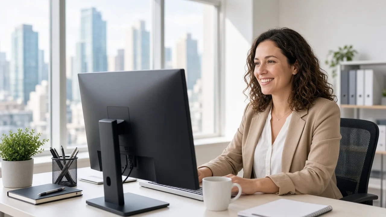 A coordinator works at a sunny desk with a monitor facing away and a city view.